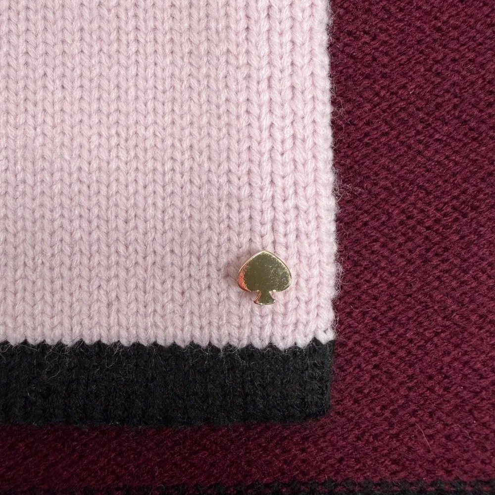 Kate Spade Scarf Colorblock Knit Burgundy Pink Cream Gold Spade Logo Designer